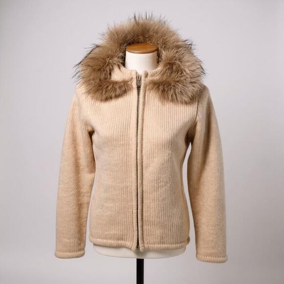 Love Sex Money Tan Wool Blend Fur Edge Hood Zip Up Sweater Women's Size Medium - Picture 1 of 10